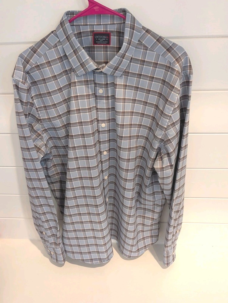 UNTUCKit Mens XXL SLIM FIT Polyester & Elastine Shirt Blue Gray Tan Rust Plaid