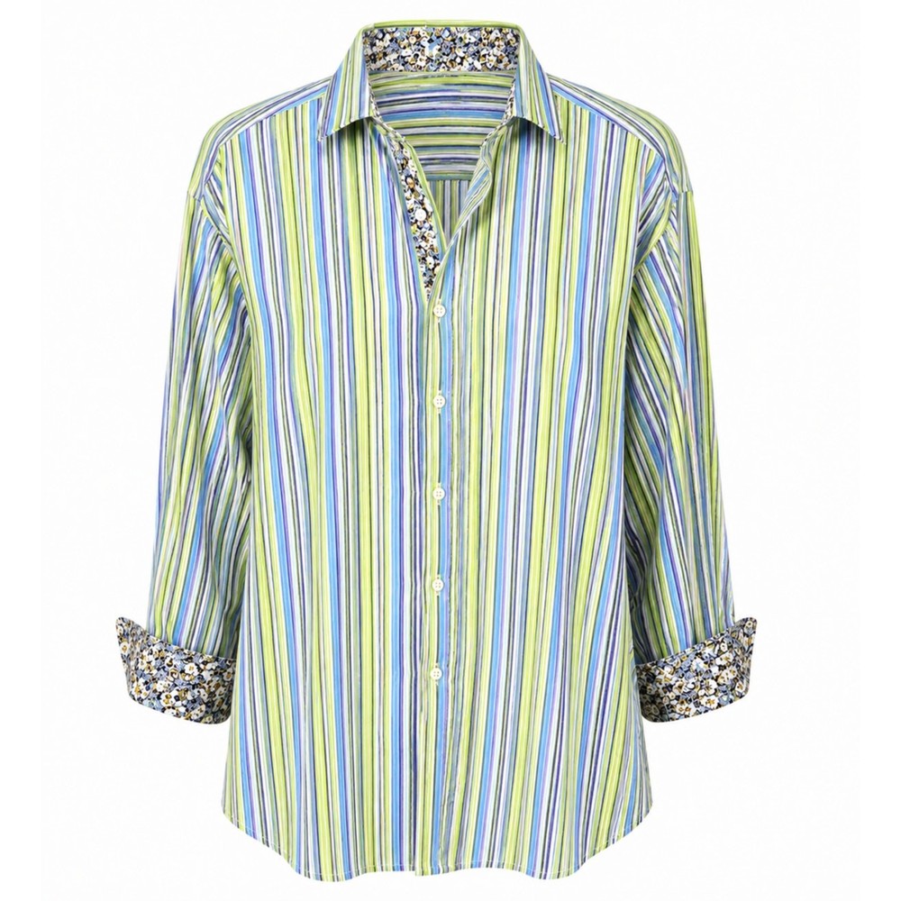 Thomas Dean Striped Flip Cuff Button Down Shirt Large Colorful Preppy Cotton
