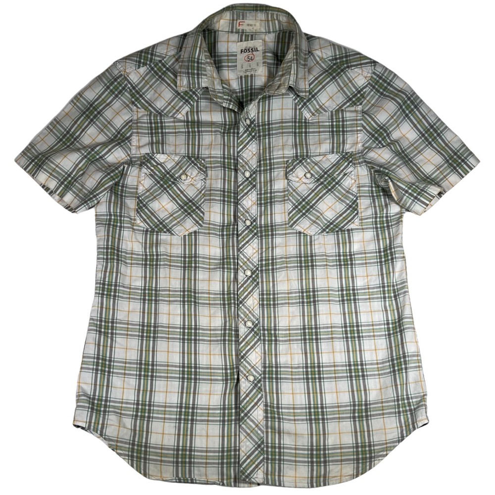 Fossil 54 Pearl Snap Button Front Check Short Sleeve Shirt Men’s Size Small