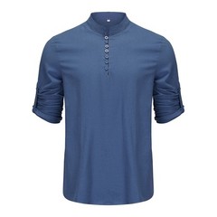 Autumn men’s solid color pullover henley cotton stand collar long sleeve shirt