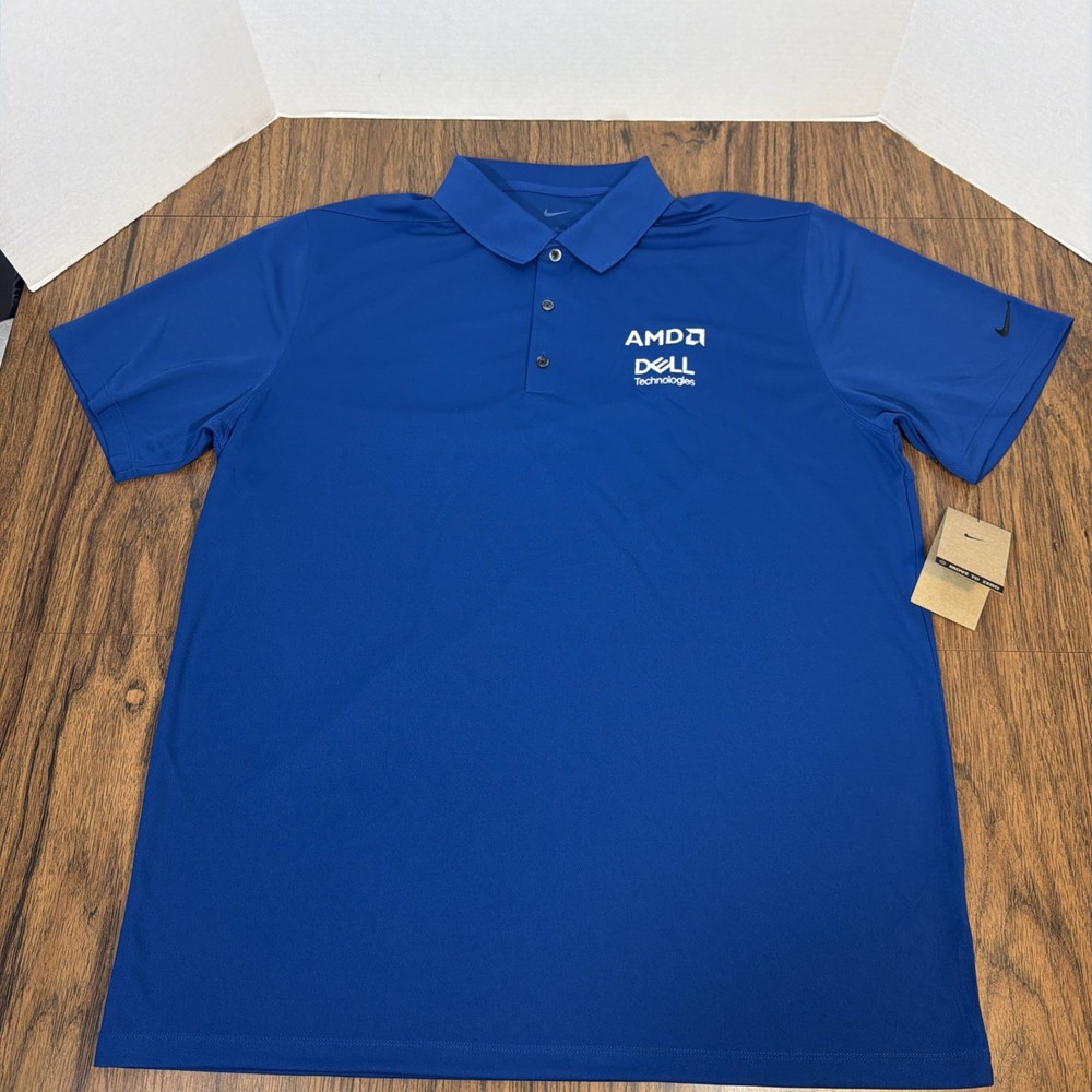 Nike Golf Polo Shirt Mens XL Blue Move To Zero – Stretch – AMD Dell Logo Swoosh