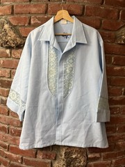 Vintage Beau Tiki Iolani Hawaii Wedding Shirt XL Light Blue Lace Flowers