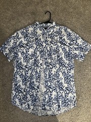 Tommy Hilfiger Mens XL Blue White Floral Cotton Woven Button-Down Short Sleeve