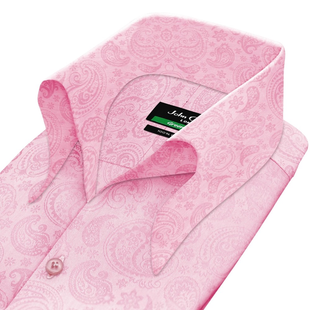 High Open Button Down Collar Men Pink Jacquard Paisley Summer Event Cotton Shirt