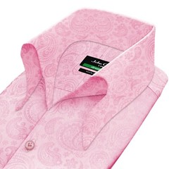High Open Button Down Collar Men Pink Jacquard Paisley Summer Event Cotton Shirt