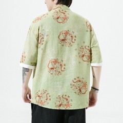 Chinese Men Top Shirt Frog Button Tang Suit Dragon Printed Tai Chi Retro Summer