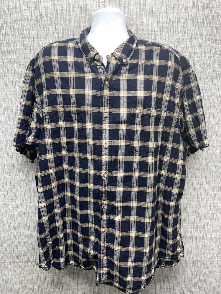 Duluth Trading Co Cottton Hemp Blend Blue/Beige Plaid Shirt Mens 2XL
