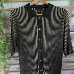Vintage 100% Silk Striped Knit Button-Up Shirt Black/Beige
