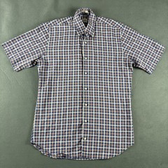 Peter Millar Men’s Medium Blue Orange Plaid Button Front Shirt Short Sleeve