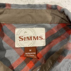 Simms Button Up Shirt Men’s Medium Plaid Grey Orange Polyester Tencel