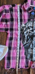 Streetwear Flannel Shirt Rhinestone Skull Long Sleeve Plaid Button Up Pink S