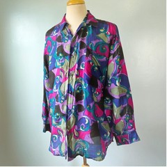 Protest Vtg 90s 100% Silk Button Down Shirt Abstract Swirl Purple Magenta XL