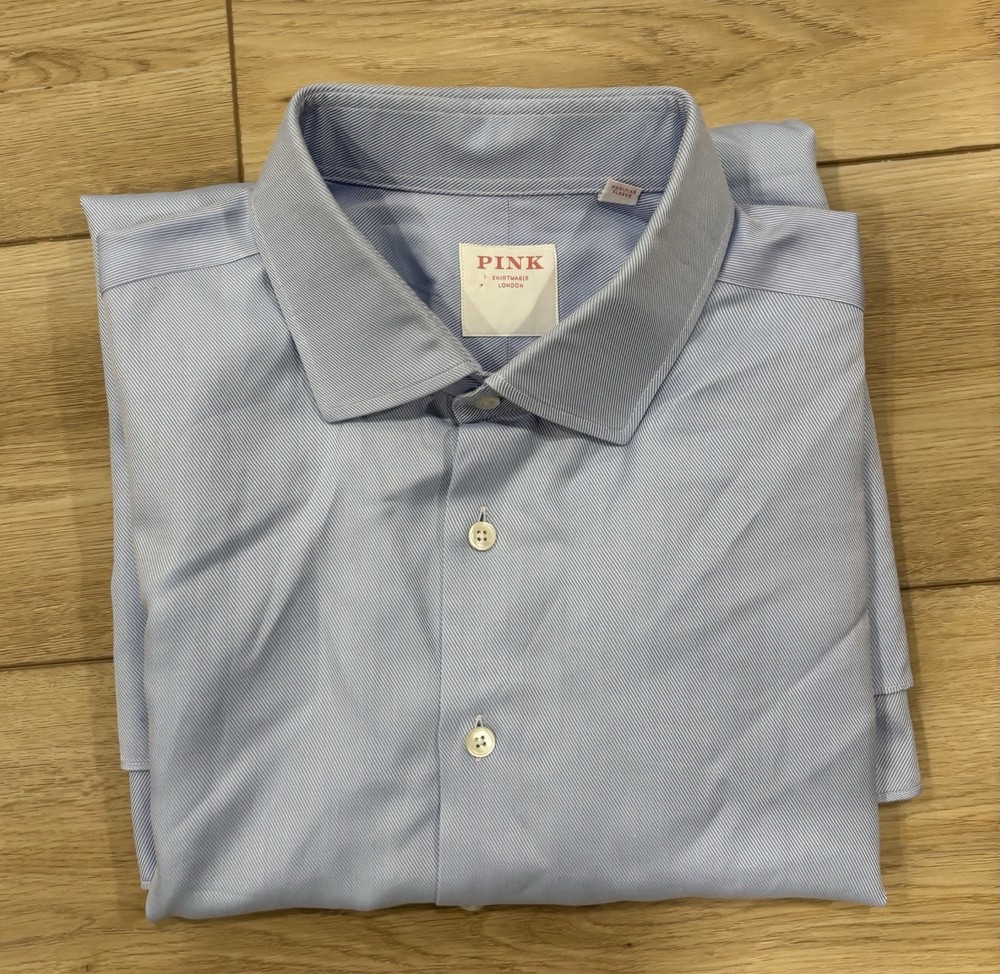 Thomas Pink Herringbone Pattern Solid Blue Dress Shirt Size 17 / 43 Mint