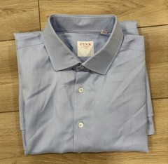 Thomas Pink Herringbone Pattern Solid Blue Dress Shirt Size 17 / 43 Mint