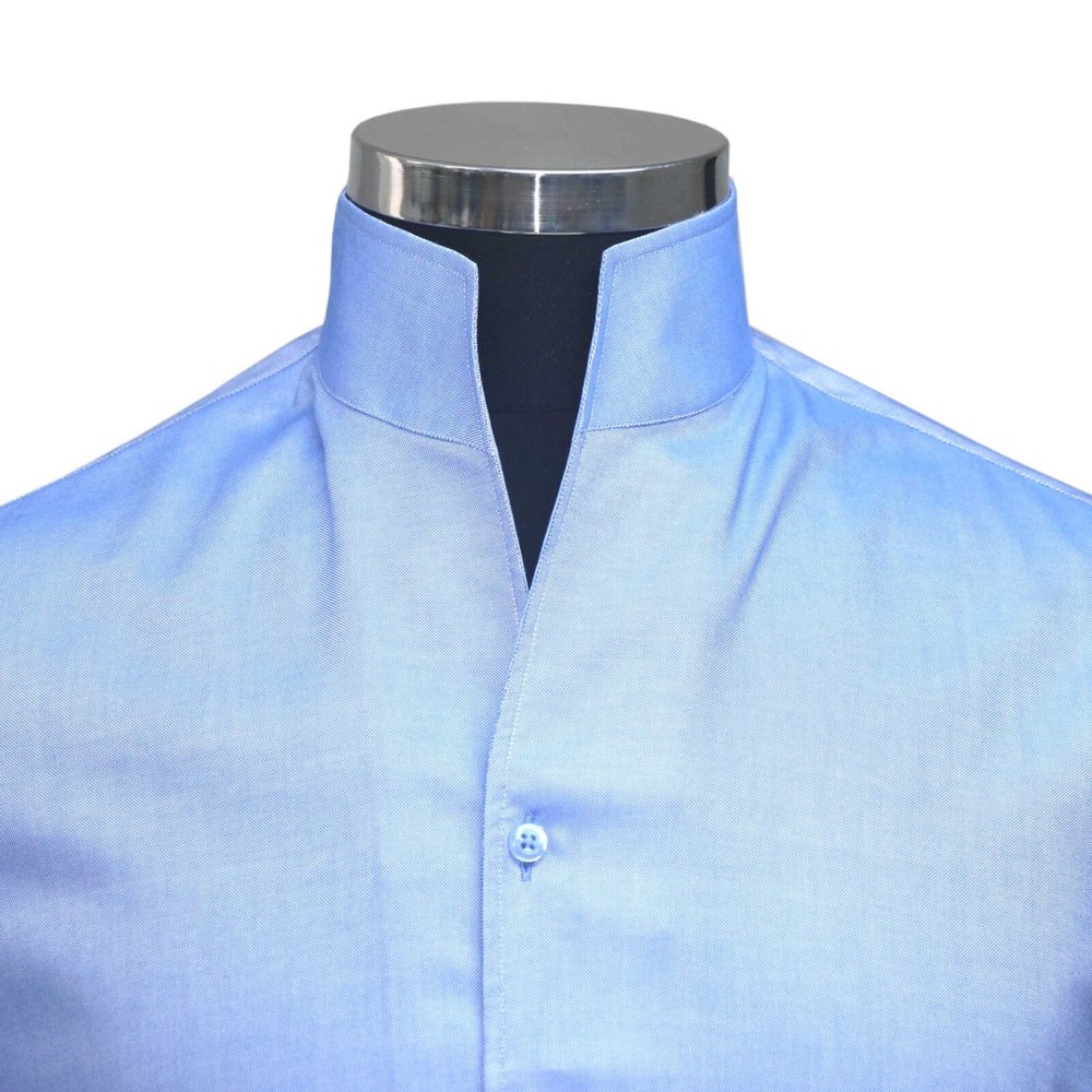 High Collar Sky Blue Buttonless Collar Cotton Shirt for Men Tall Open Neck