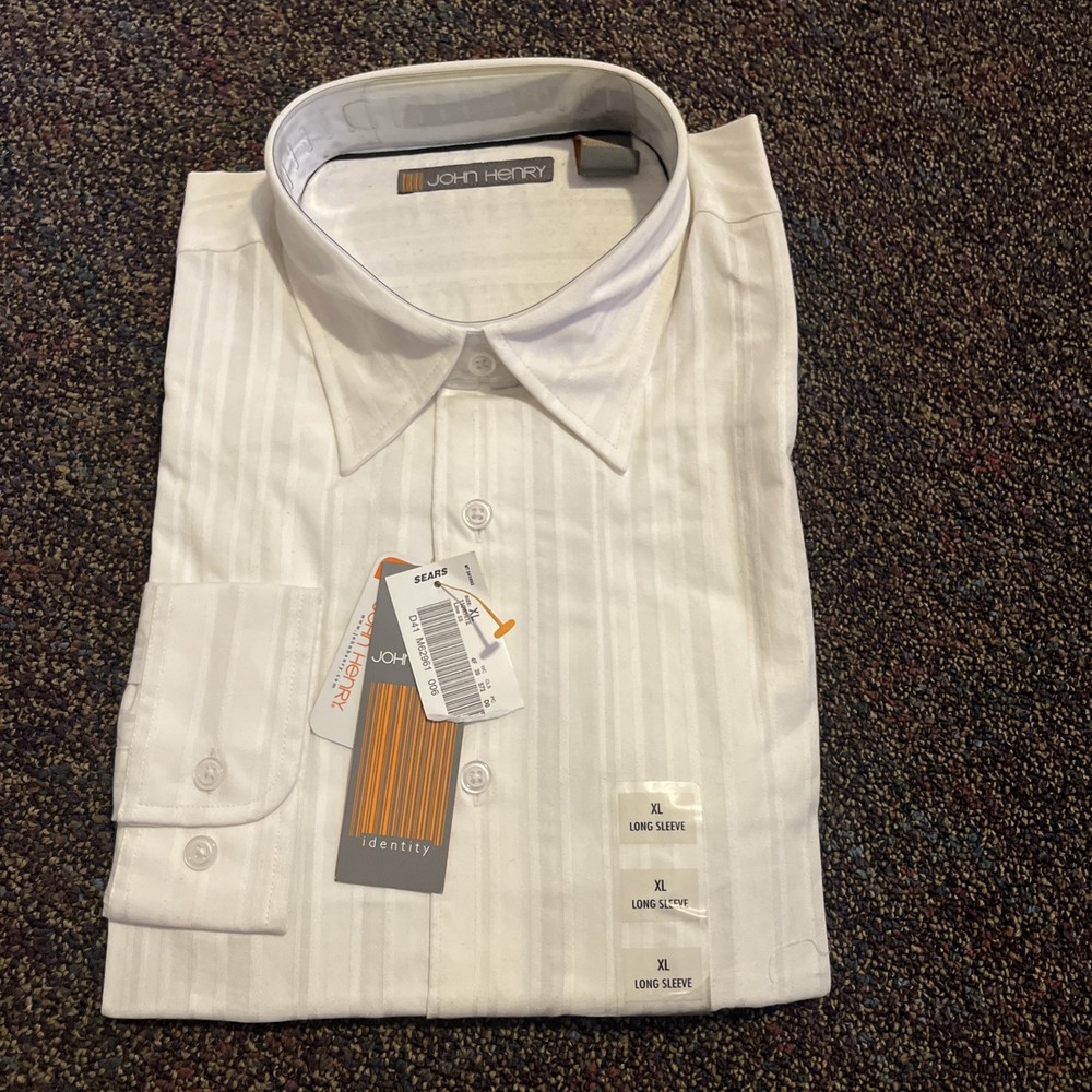 John Henry Identify Brand Button Down Shirt XL White Stripe Long Sleeve Mens