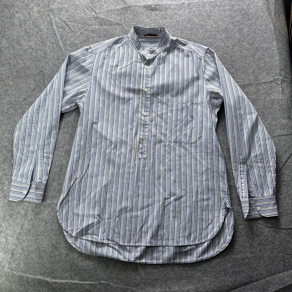Barena Shirt Mens Large Blue Stripe Band Collar Long Sleeve Popover Cotton