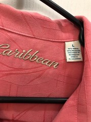 Caribbean Textured Leaf Pattern Coral Pink Short Sleeve Button Shirt Mens Sz L