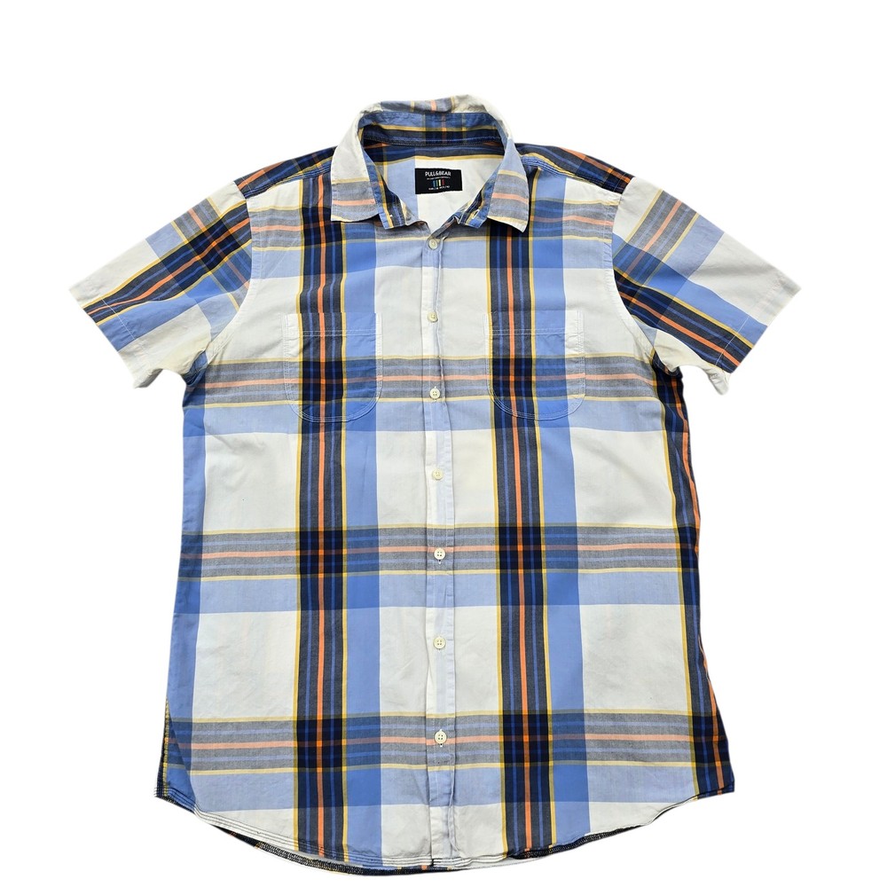 Pull&Bear Men’s XL Plaid Short Sleeve Button-Down Shirt Blue Multi