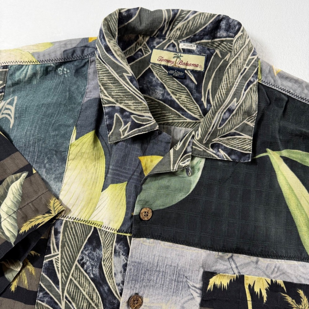Tommy Bahama Shirt Men L Multi Patchwork Tropical Palm Silk Camp Button Up EUC