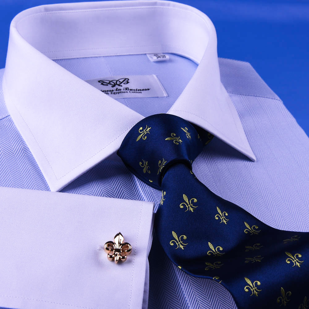 Big Size Blue Herringbone Winchester Business Shirt White Contrast Collar & Cuff