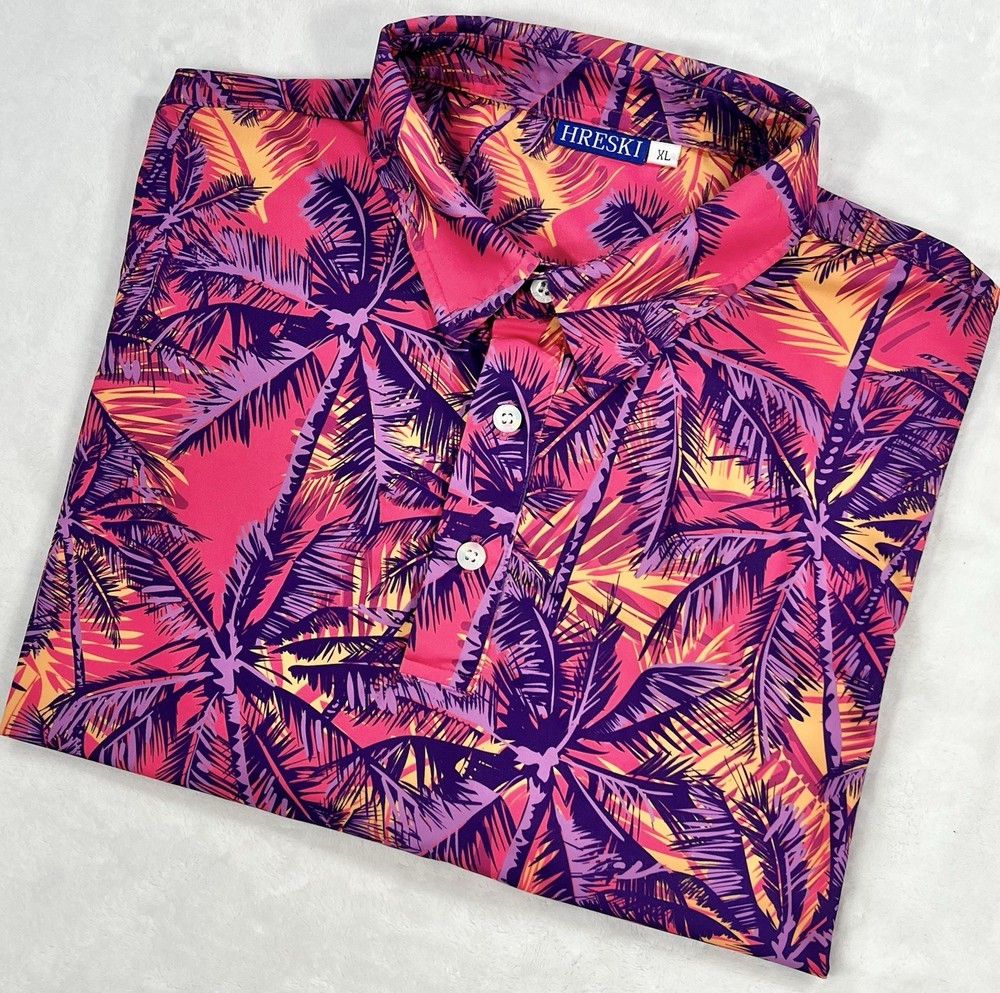 Hreski Multicolor Palm Trees Short Sleeve Golf Polo Shirt Mens XL