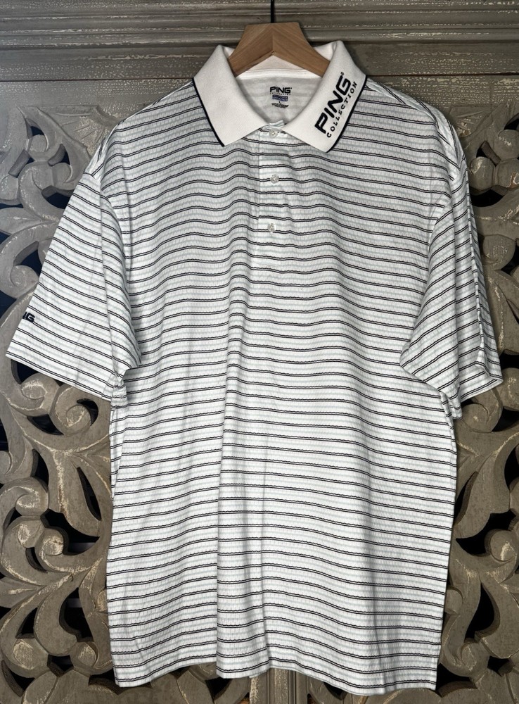 PING Collection Performance Dynamics Golf Polo Shirt Large White Striped Logo
