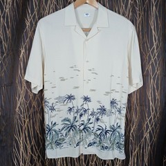 Uniqlo Open Loop Collar Rayon Button Up Shirt Mens XS Beige Palms Tropical