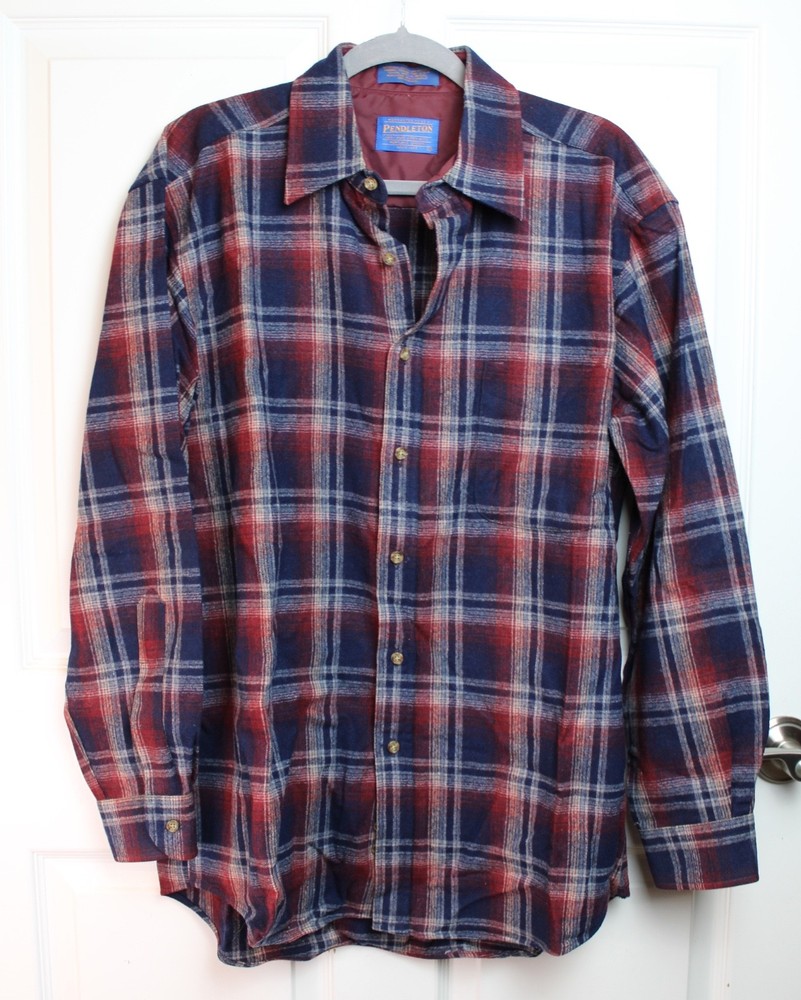 Pendleton 100% Virgin Wool Button Up Shirt Cranberry Navy White Plaid Sz M HOLES