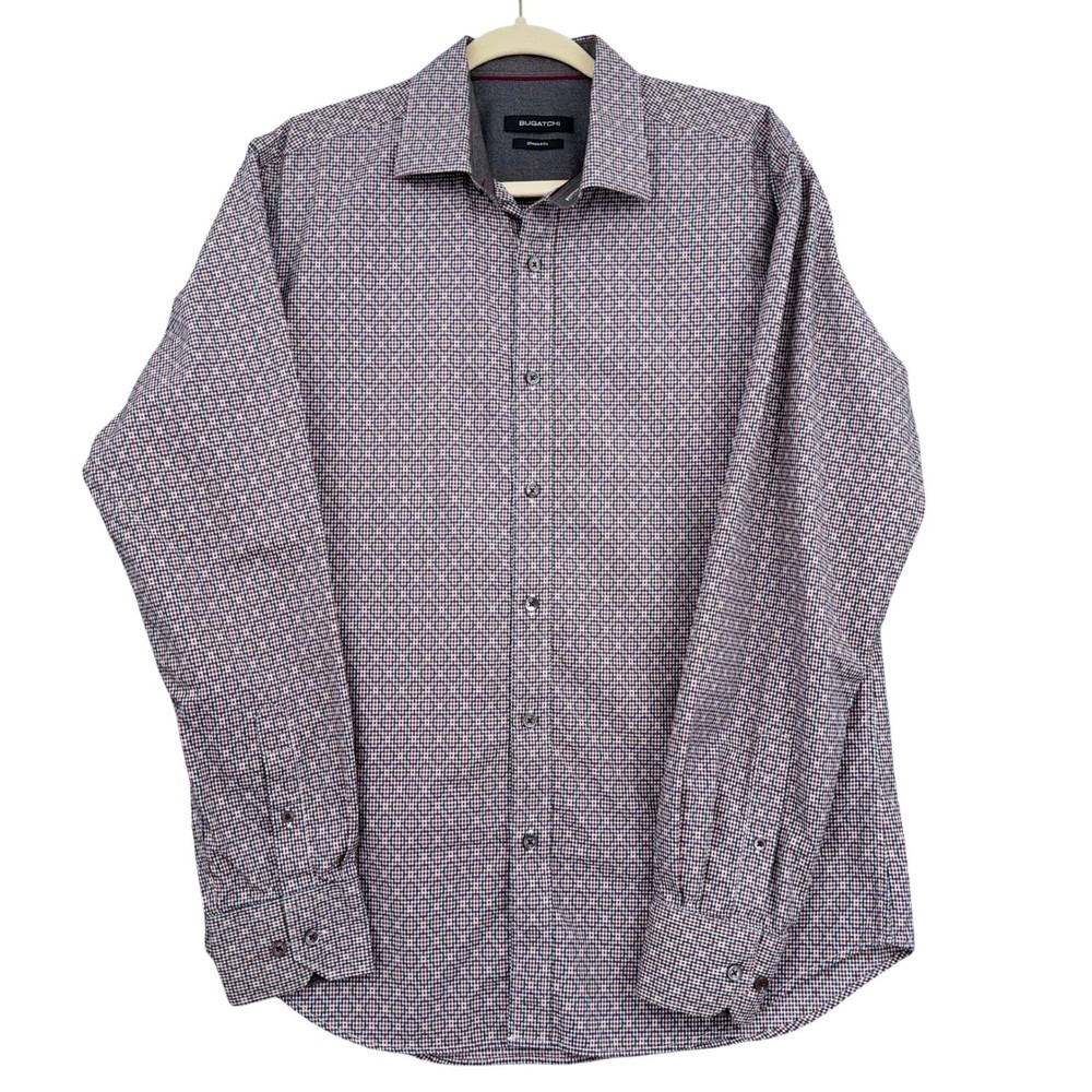 Bugatchi Shaped Fit Mens Medium 100% Cotton Micro-Check Shirt Red Navy