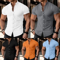 Men Summer Button Up Shirts Solid Short Sleeve Casual Formal Work Tops Shirts