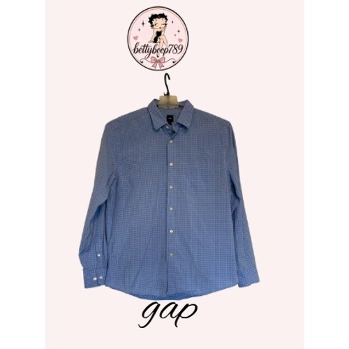 Gap Mens Blue White Grid Pattern Button Down Shirt Long Sleeve Cotton Size L