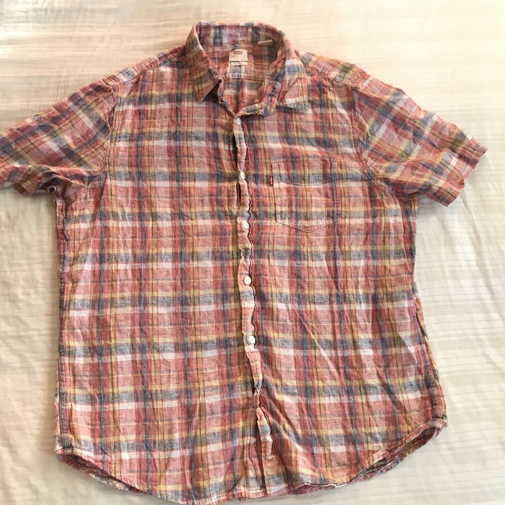 LEVI’s Button up plaid LINEN + Cotton shirt LARGE (42” chest) Pocket