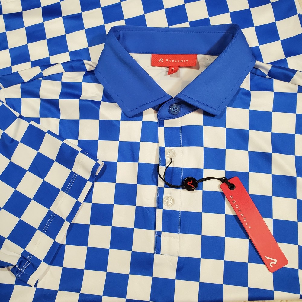 Redvanly Men’s Small Cedres Performance Golf Polo Blue/White Checkerboard NWT