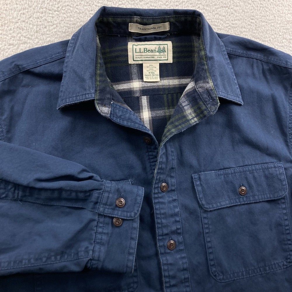 Vintage LL Bean Flannel Lined Button Down Shirt Men Medium Navy Blue 291748