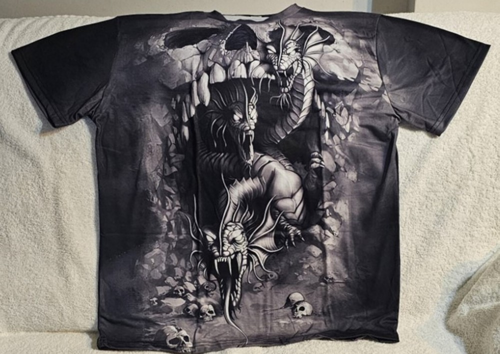 SKULL AND THREE HEADED DRAGON SERPENT MONSTER HORROR SCARY T-SHIRT