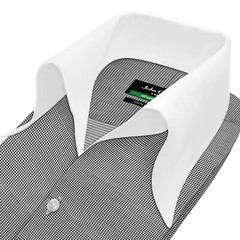 High Open Bow Collar Buttonless Men’s Black Dogstooth V Neck Preppy Cotton Shirt