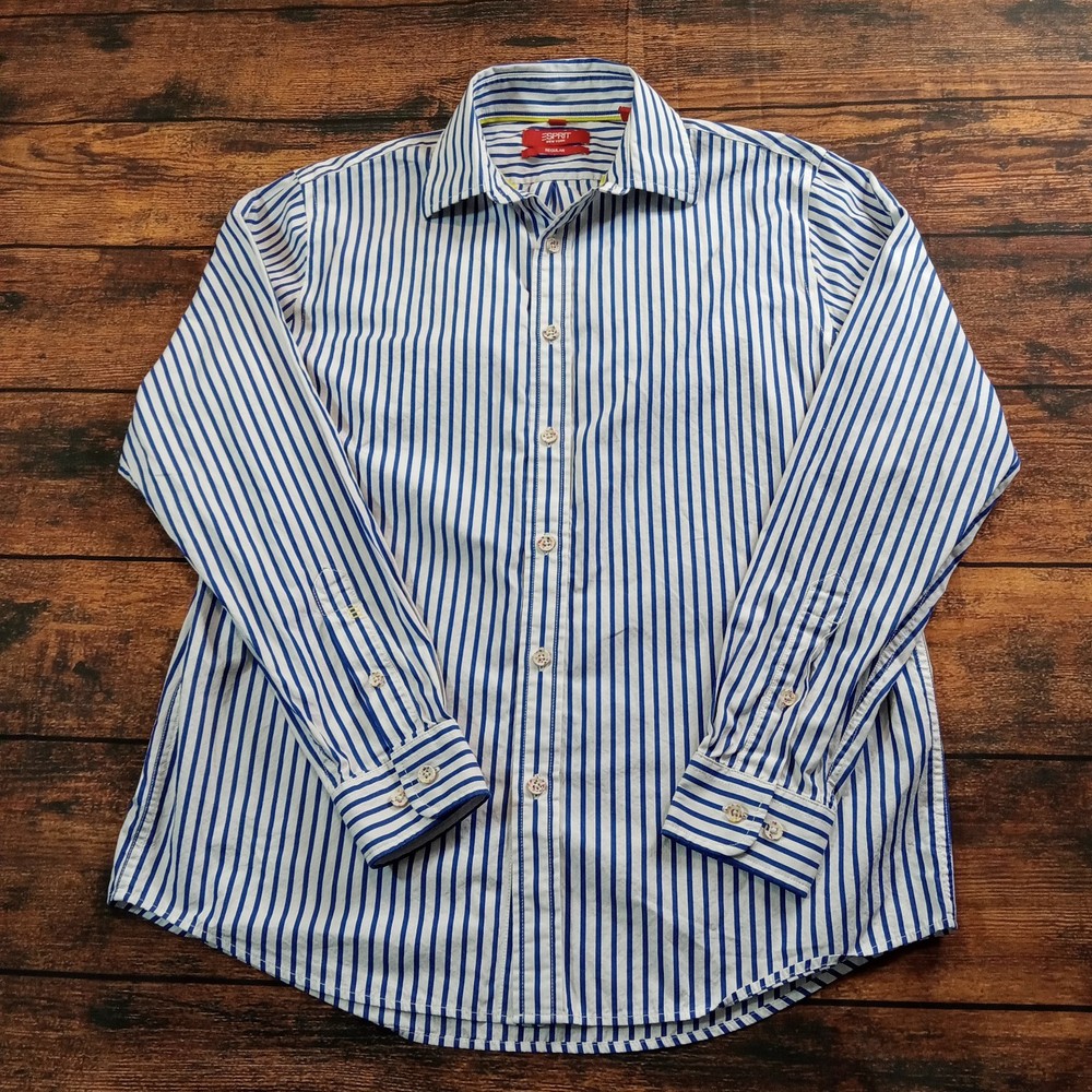 Esprit Long Sleeve Button Up Regular Fit Men’s Small Blue White Stripe