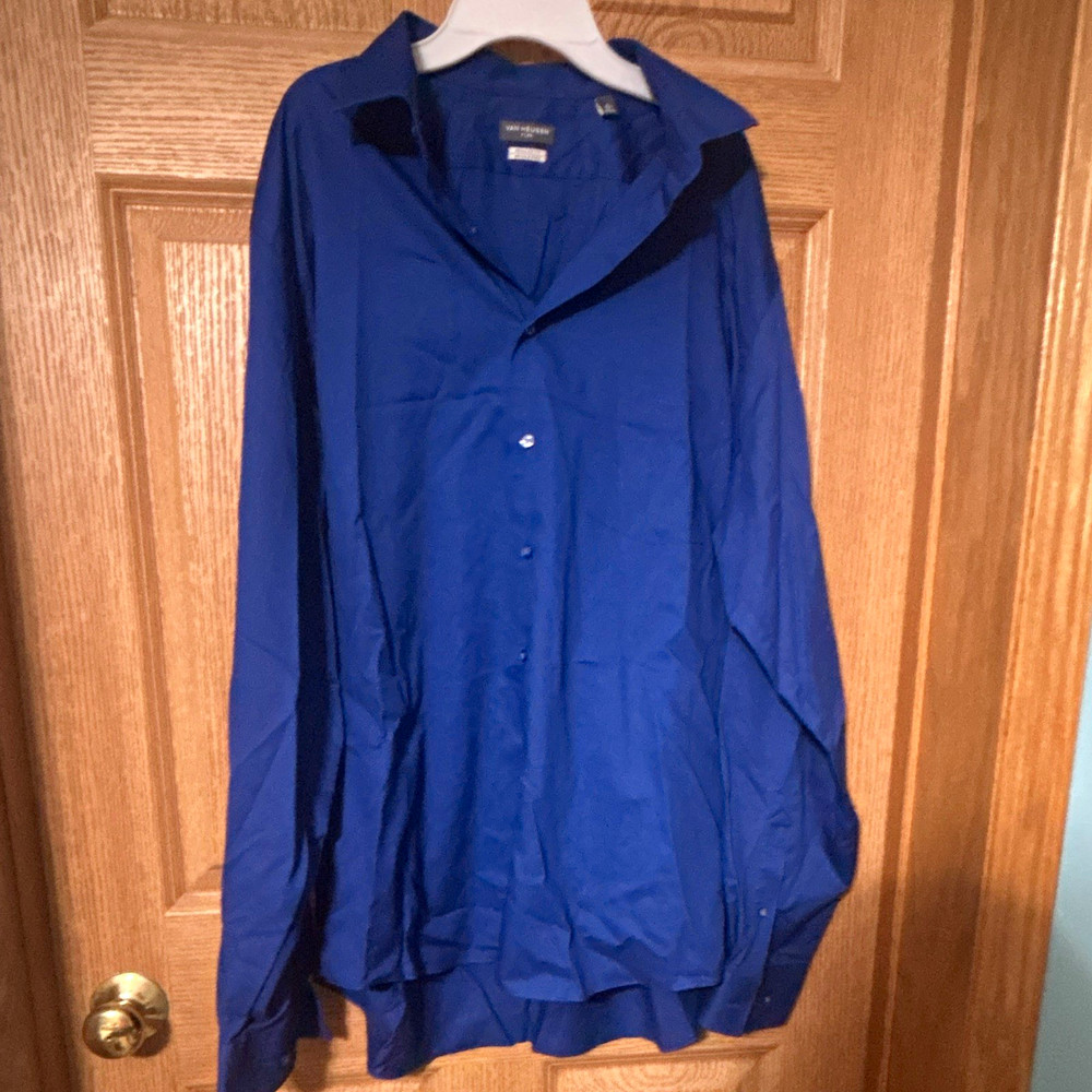 Van Heusen Flex Wrinkle Free Solid Blue Regular Fit Dress Shirt 17 36/37