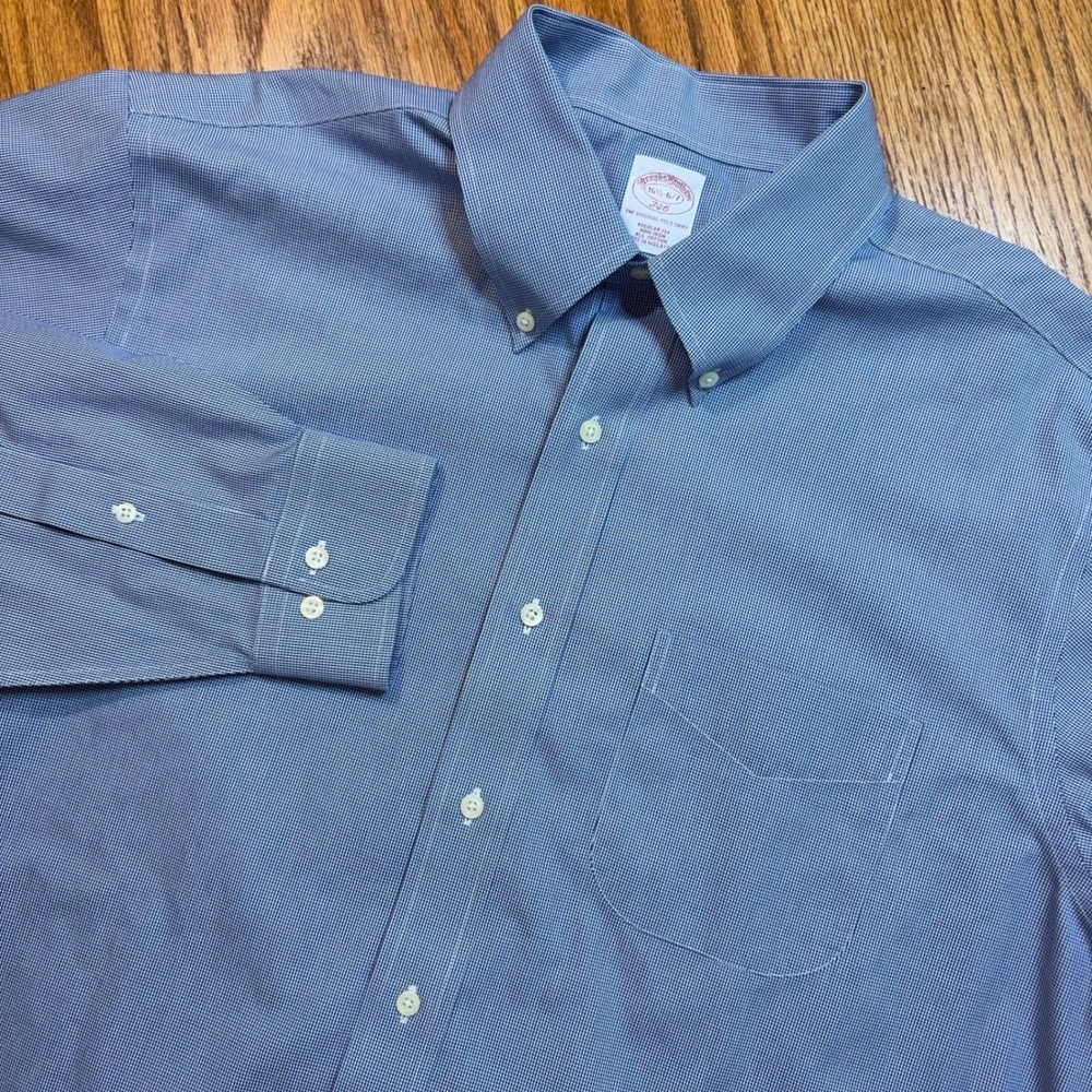 Brooks Brothers 346 Shirt Mens 16.5 6/7 Blue Micro Houndstooth Non-Iron Regular