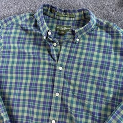 Eddie Bauer Button Down Shirt Mens XL Green Blue Plaid Relaxed Fit Cotton Casual