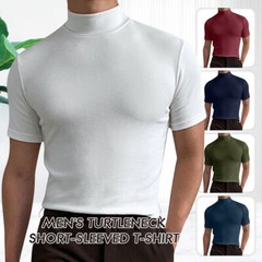 Men Roll Turtle Neck T-shirt Solid Jumper Lightweight Short Sleeve Top Tee Basic