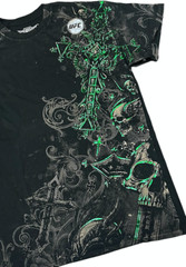 Rare MMA ELITE Black Green Foil Skulls Cross Short Sleeve Y2K T-shirt NWT