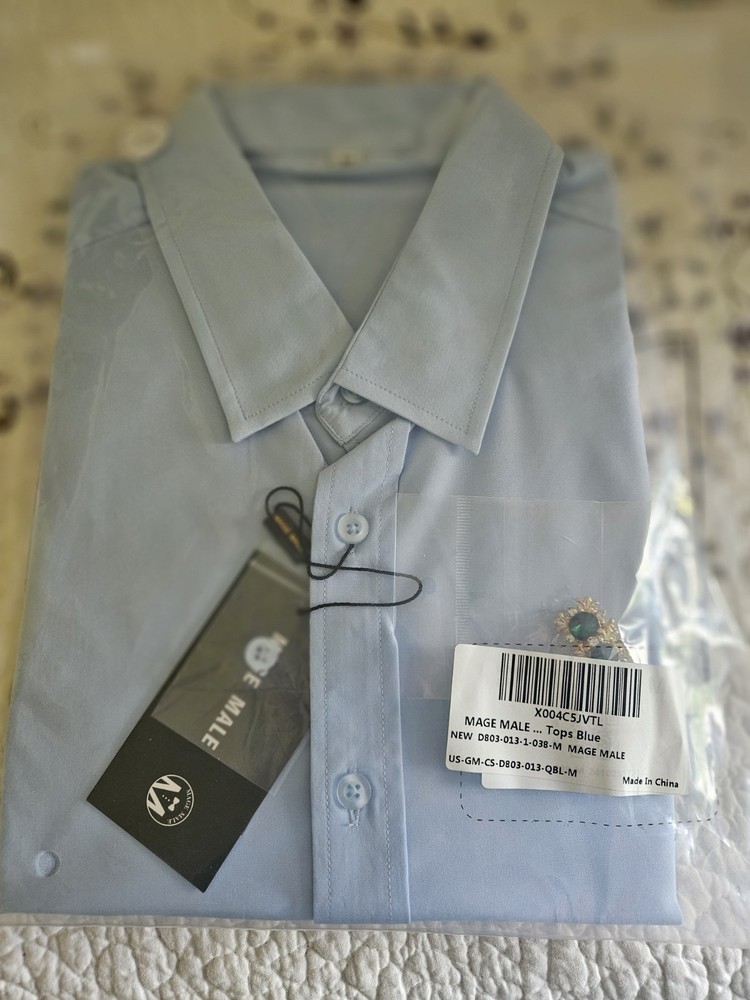 MAGE MALE Men’s Solid Blue Dress Shirt M Regular Fit Long Sleeve Point Collar