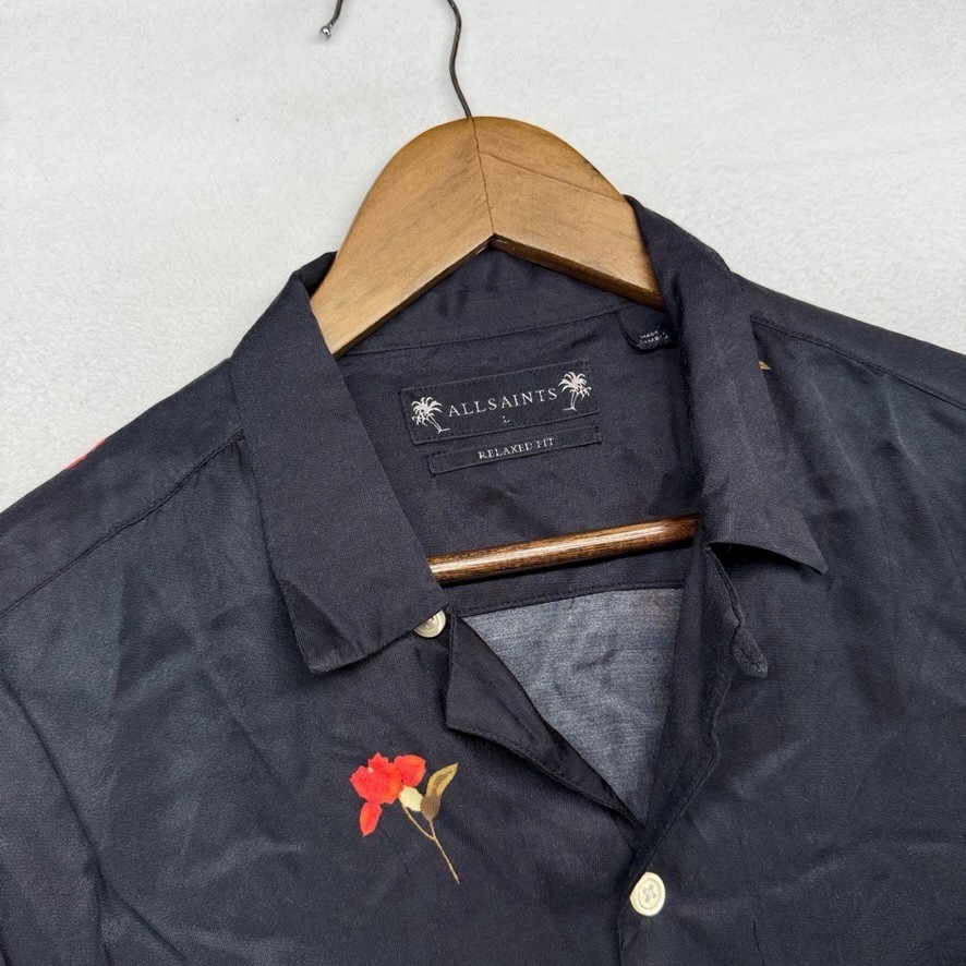 AllSaints Shirt Mens Large Black Floral Relaxed Button Hawaiian Camp Vacation