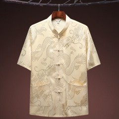 Ethnic Mens Satin Chinese Top Shirt Coat Dragon Short Sleeve Frog Button Tai Chi