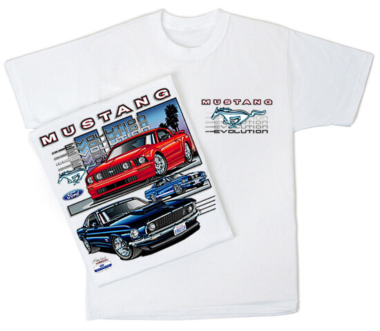 Mustang Evolution (41) Men’s White Cotton T-shirt. Ford Mustang