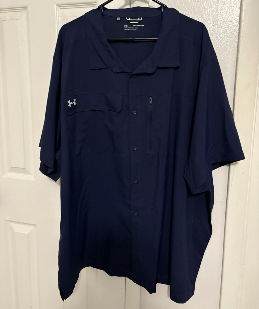Under Armour Navy Solid Button-Up Short Sleeve Loose 4XL Big & Tall Polyester