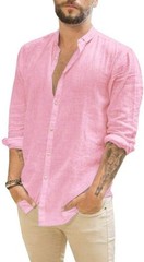 Men Linen Summer Shirt Button Down Long Sleeve Cotton Beach Band Collar Casual