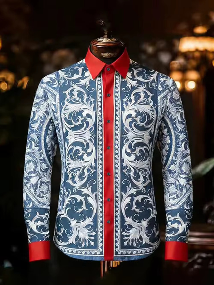 Button Down Shirt Men Baroque Long Sleeve Shirt Printed Hawaiian Mens Shirt